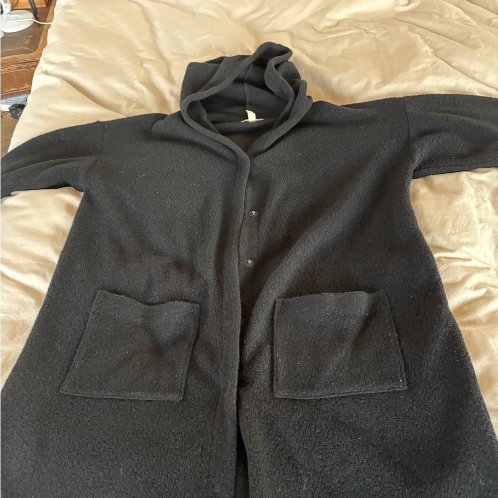 Eileen Fisher Cozy Long Black Hooded Cardigan